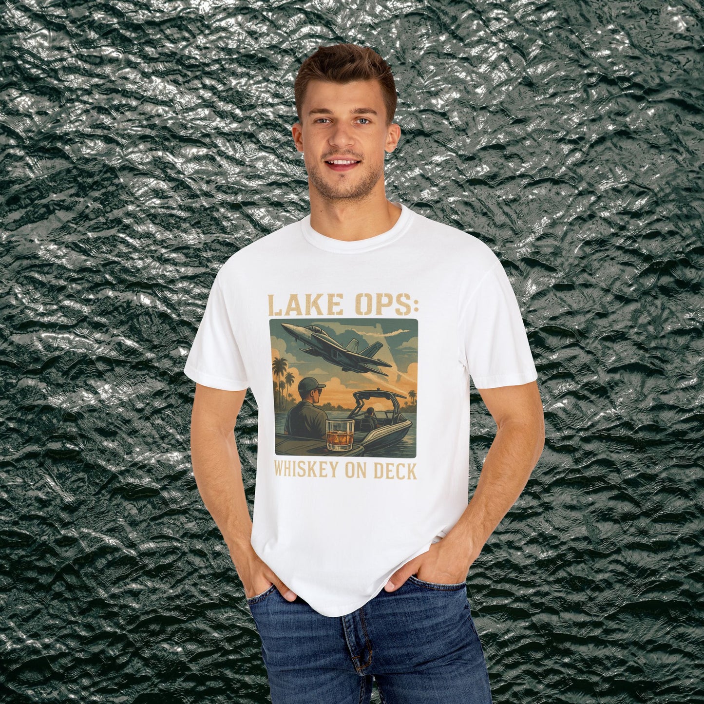Garment-Dyed Comfort Tee For Adults in classic white showcasing a unique 'Lake Ops: Whiskey On Deck' design. Ideal for a relaxed summer day.