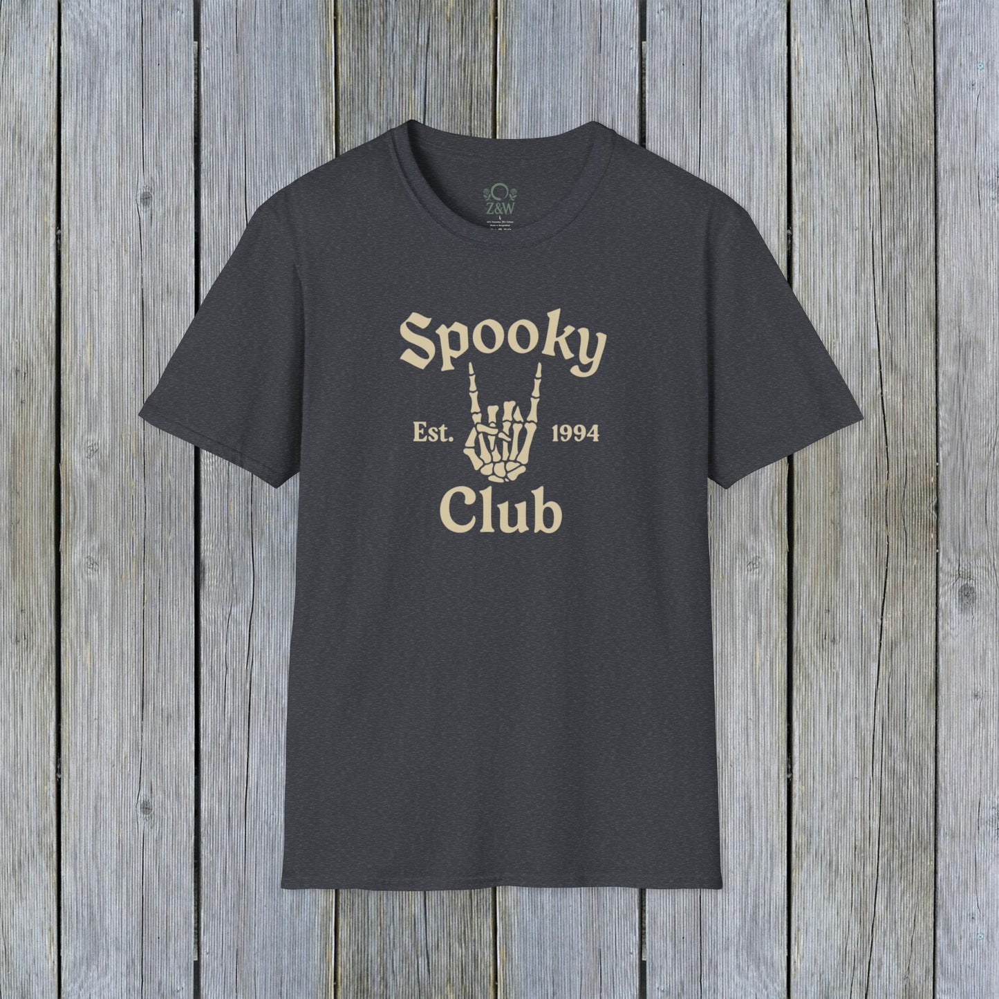 Unisex Spooky Club Tee in dark heather gray, featuring a stylish skeleton hand graphic and 'Spooky Club Est. 1994' text, designed for comfort and Halloween flair.