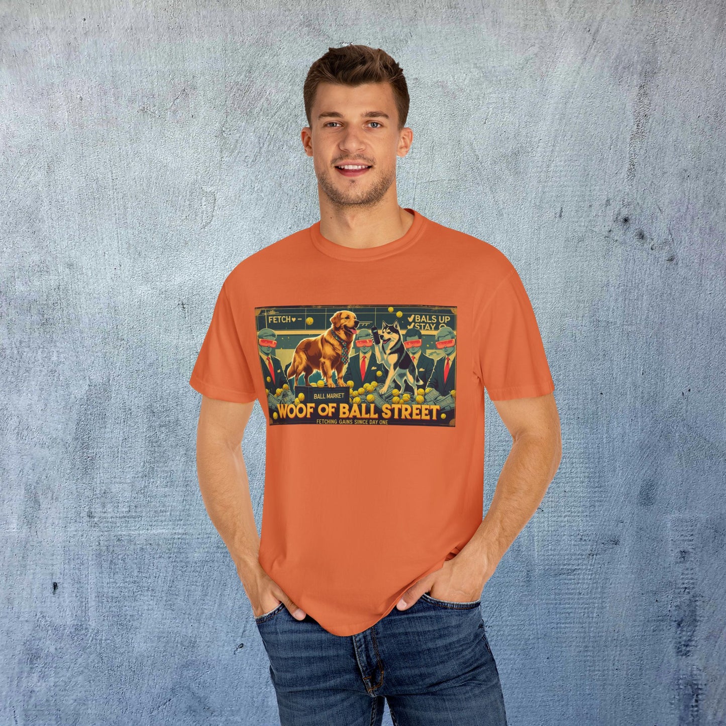 Model wearing the Sleek Woof of Ball Street T-Shirt in orange, proudly displaying a fun and engaging graphic that adds style and comfort.