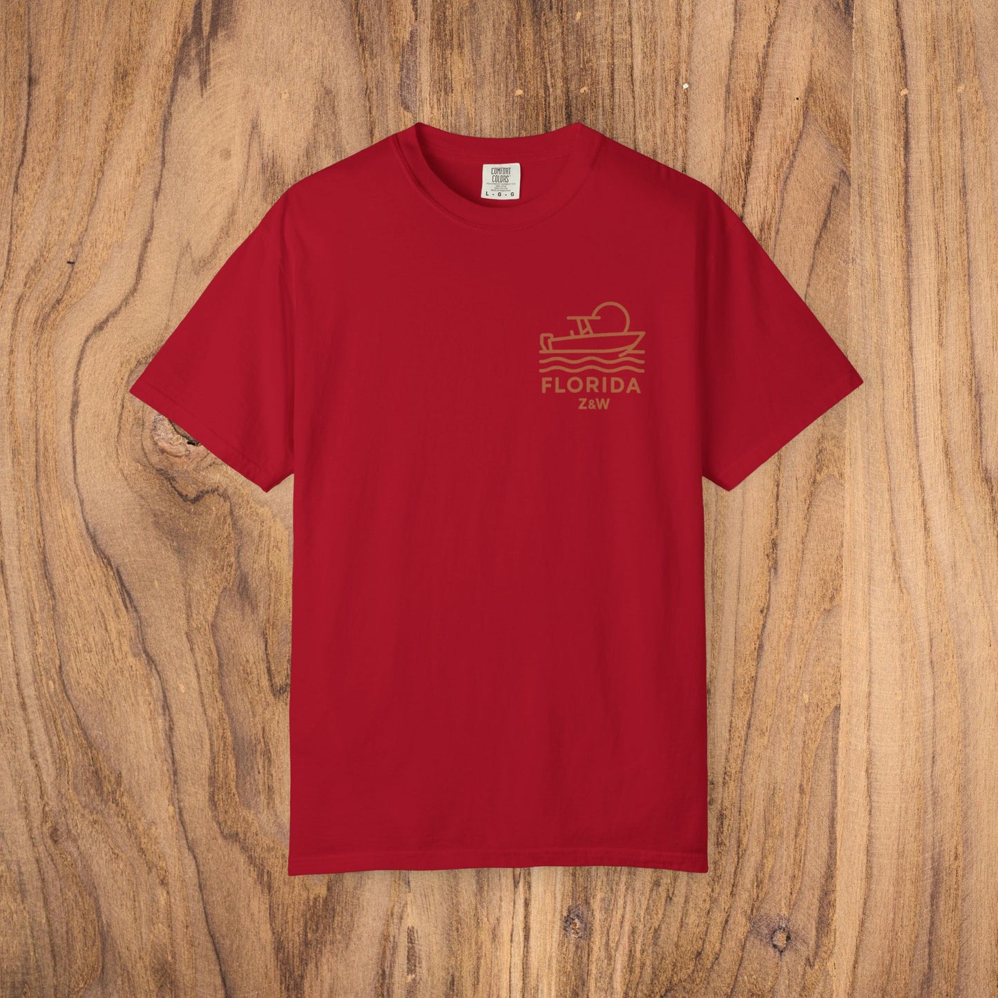 Unisex Florida Graphic Tee in red, garment-dyed, made of soft US cotton, available in sizes S to 4XL, perfect for casual wear.