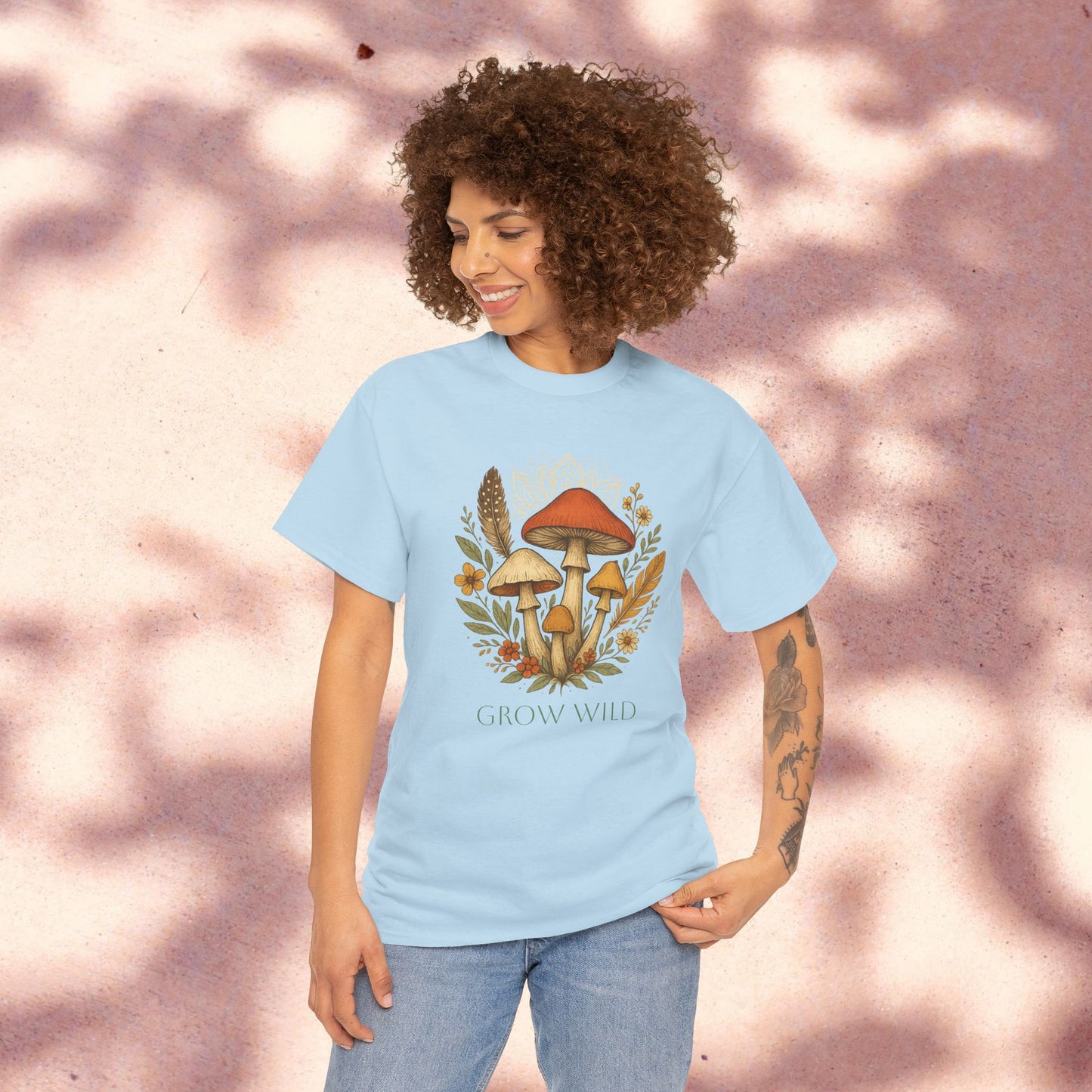 Wild Mushroom Graphic Tee in light blue, featuring a stunning graphic of mushrooms and floral motifs, perfect for nature enthusiasts and casual wear.