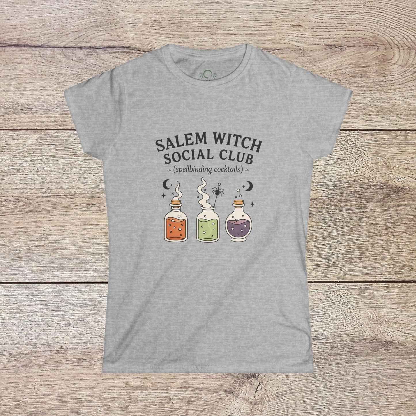 Salem Witch Social Club Graphic Tee with a playful design of potion bottles and spellbinding cocktails on a gray background, made from breathable 100% ring-spun cotton for casual wear.