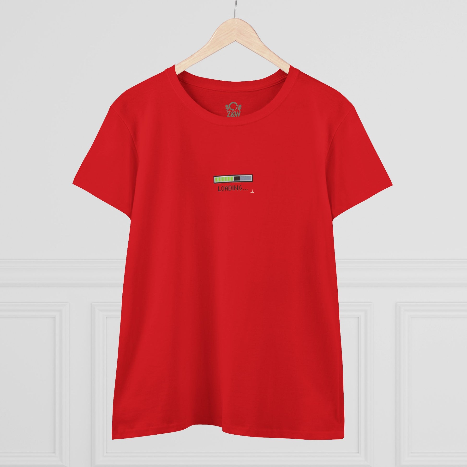404 Y2K Graphic T-Shirt in bold red, displaying a 'loading' graphic, ideal for those embracing retro vibes with a modern twist.