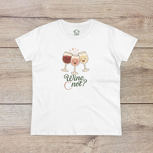 Wine Not Tee in classic white, showcasing a fun wine glasses design, ideal for casual outings.