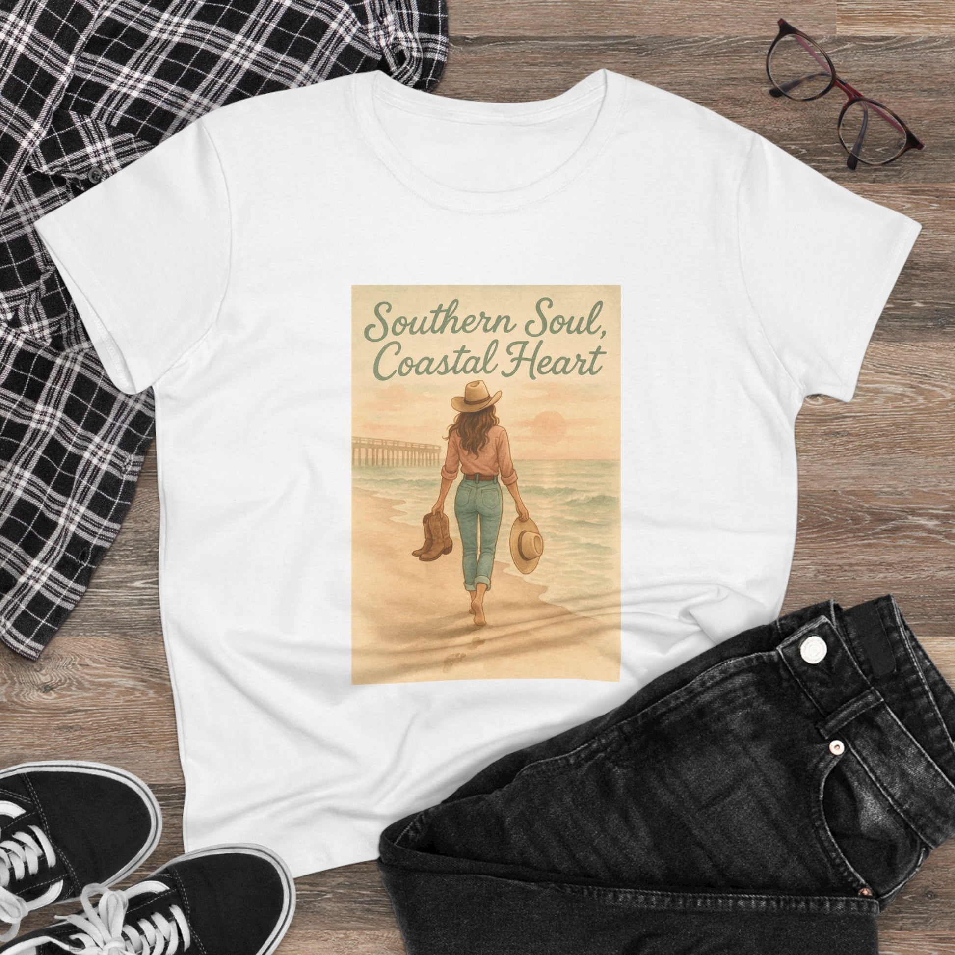 Southern Soul Coated Heart Tee in white paired with denim, highlighting the stylish coastal design that's perfect for casual outings.