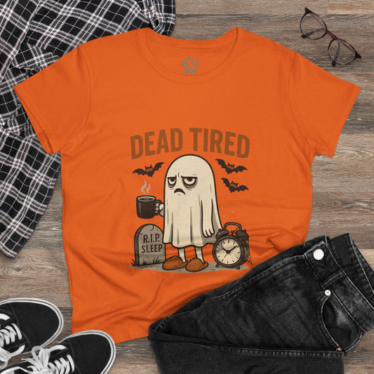 Cute Whimsical Ghost T-Shirt for Halloween showcasing a 'Dead Tired' ghost design on an orange background, made of cozy 100% cotton for unisex comfort.