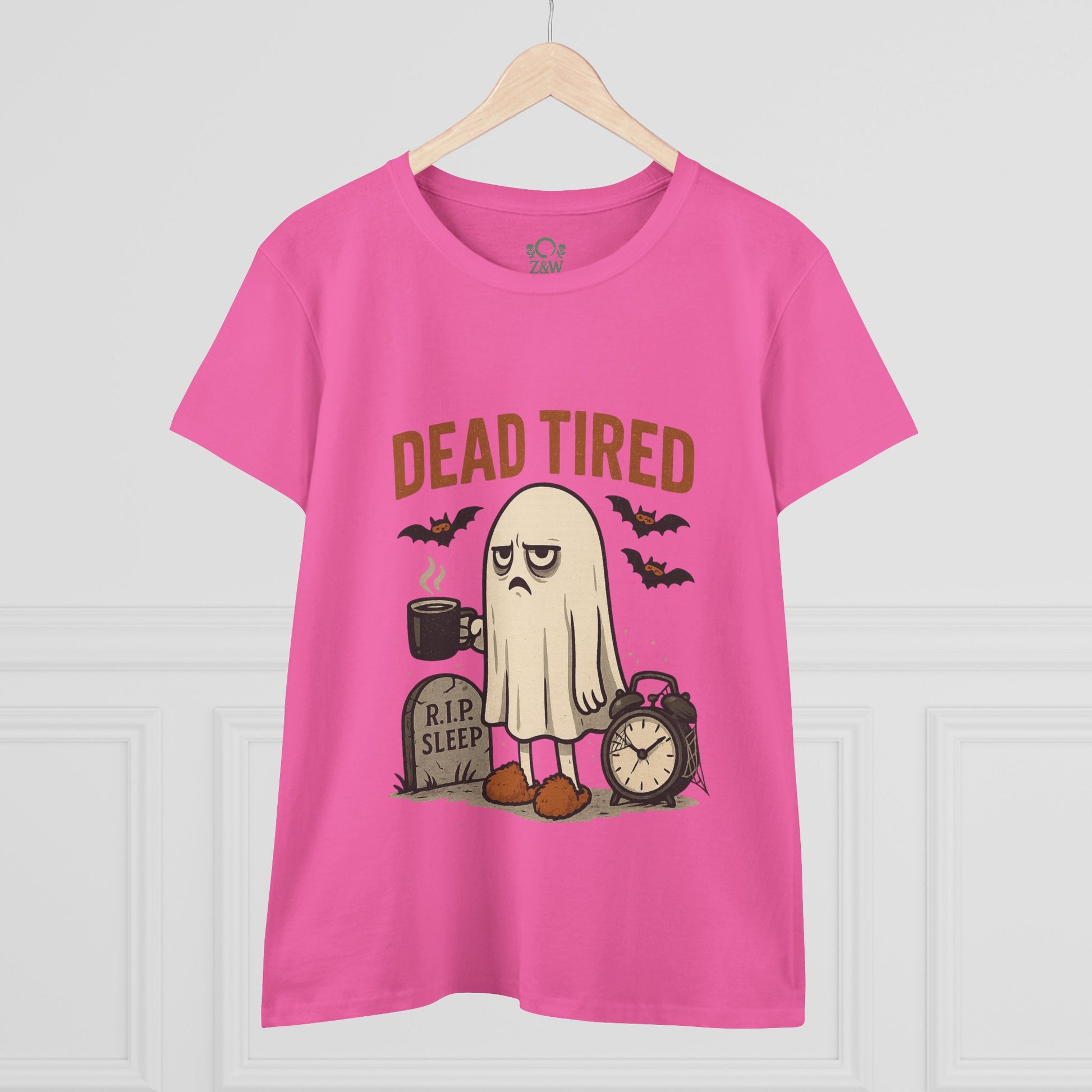 Front view of the cute whimsical ghost t-shirt for Halloween, highlighting the playful 'Dead Tired' graphic and vibrant colors, great for festive occasions or lounging.