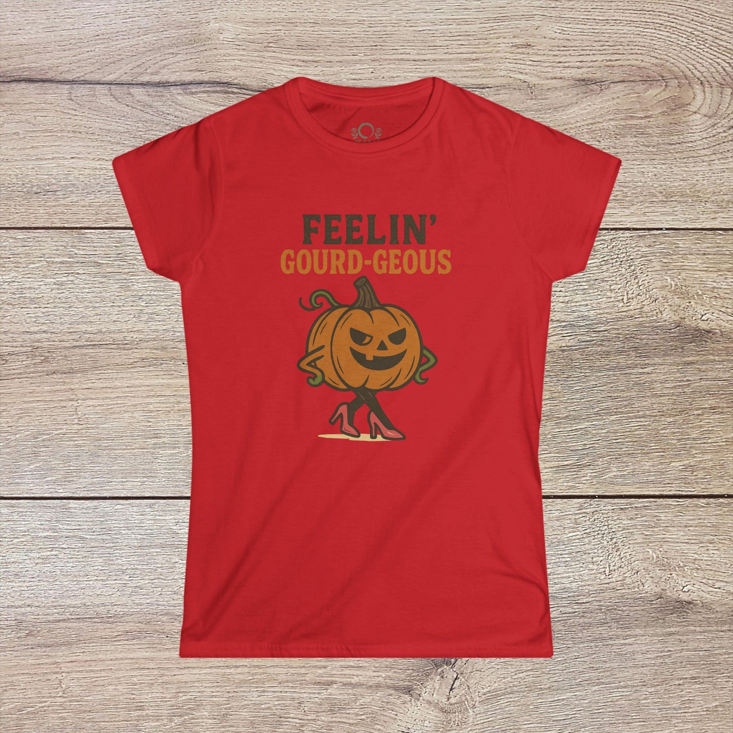 Gourd-geous Halloween Pumpkin T-Shirt in red, highlighting a fashionable pumpkin with heels, great for a festive Halloween look.