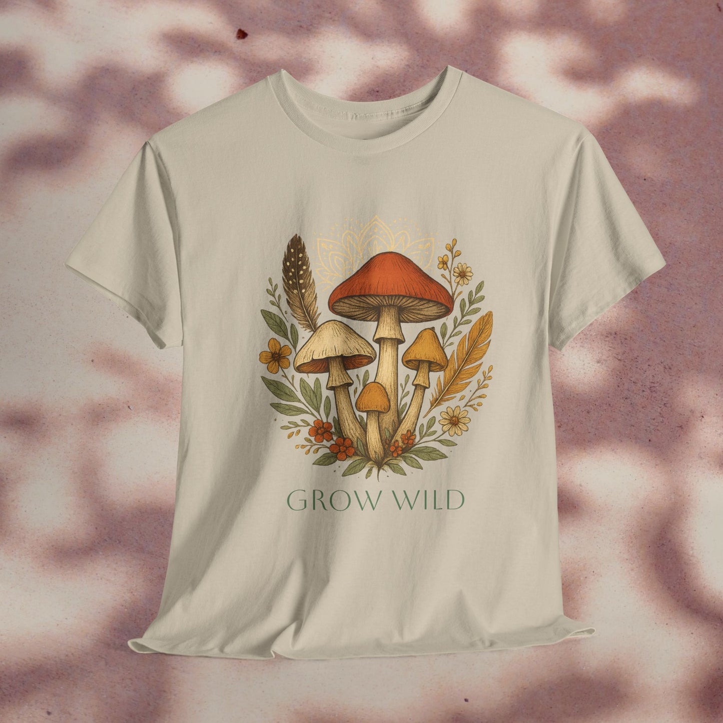 Wild Mushroom Graphic Tee in beige, featuring a stunning design with mushrooms and flowers. This eco-friendly unisex cotton shirt is ideal for nature lovers and those who embrace adventure.
