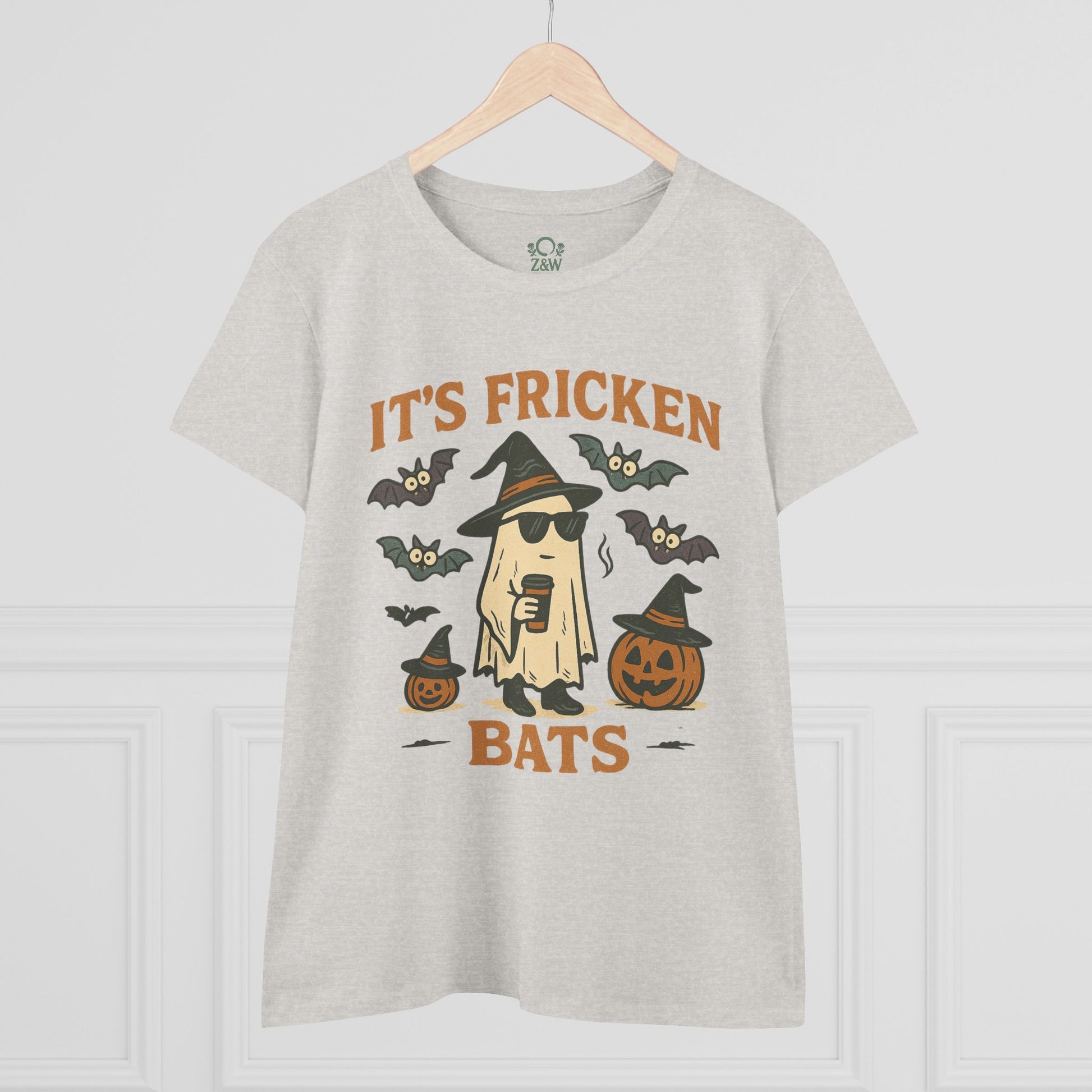 Charming Halloween unisex t-shirt in heather grey, featuring a fun ghost graphic with sunglasses, bats, and pumpkins, perfect for a spooky season. Made from 100% cotton.
