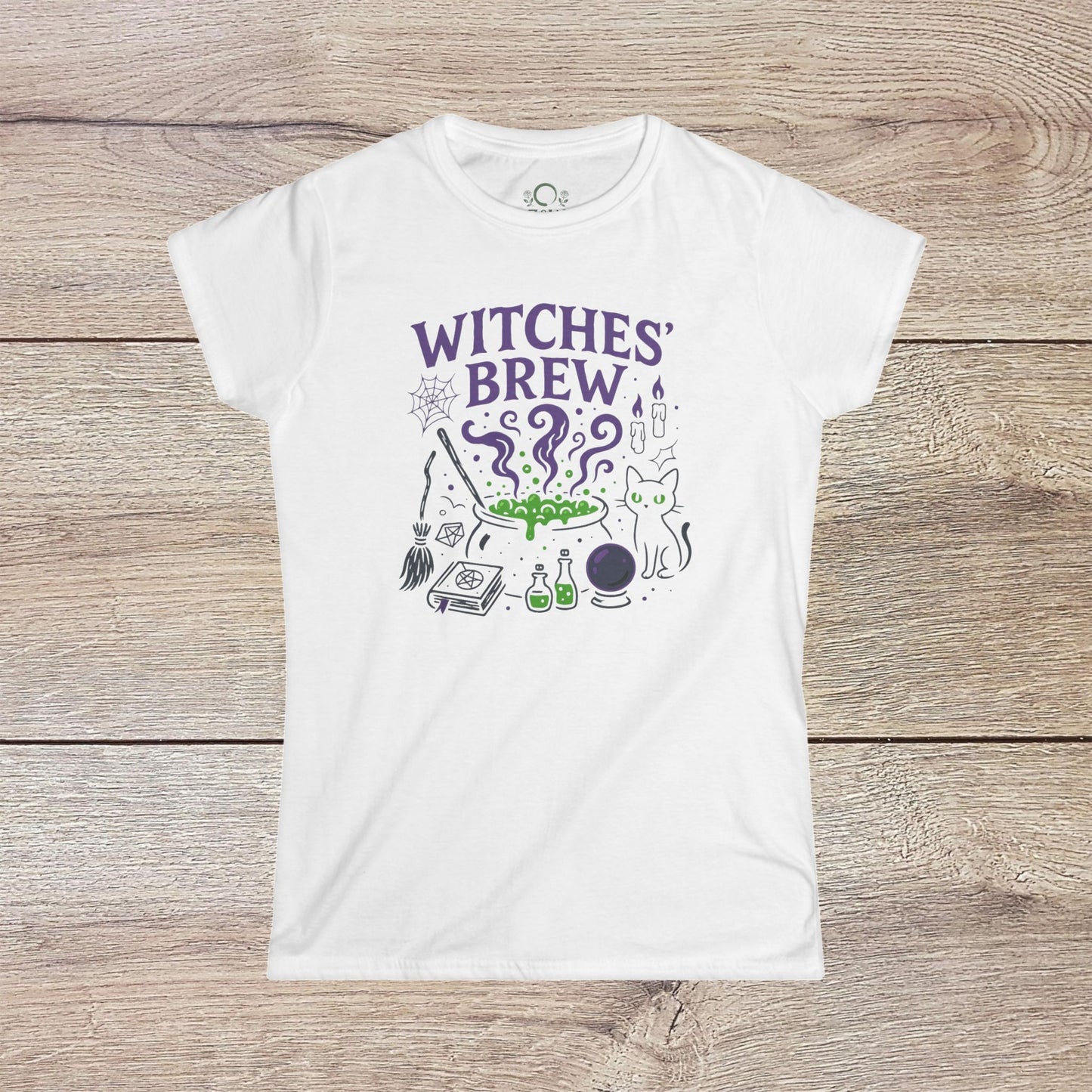 Witches' Brew Halloween T-Shirt featuring a whimsical design with cauldrons, potions, and a playful cat in vibrant colors, made from eco-friendly cotton. Perfect for Halloween festivities.