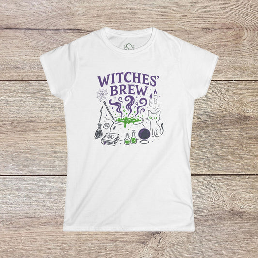 Witches' Brew Halloween T-Shirt featuring a whimsical design with cauldrons, potions, and a playful cat in vibrant colors, made from eco-friendly cotton. Perfect for Halloween festivities.