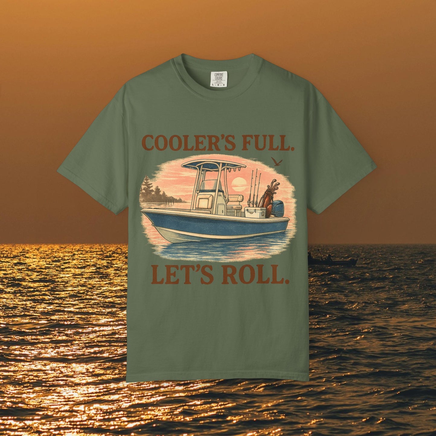 Men's & Women's Durable Cotton Full Tee featuring a playful design with a boat and the phrase 'COOLER'S FULL. LET'S ROLL.' Perfect for summer outings.