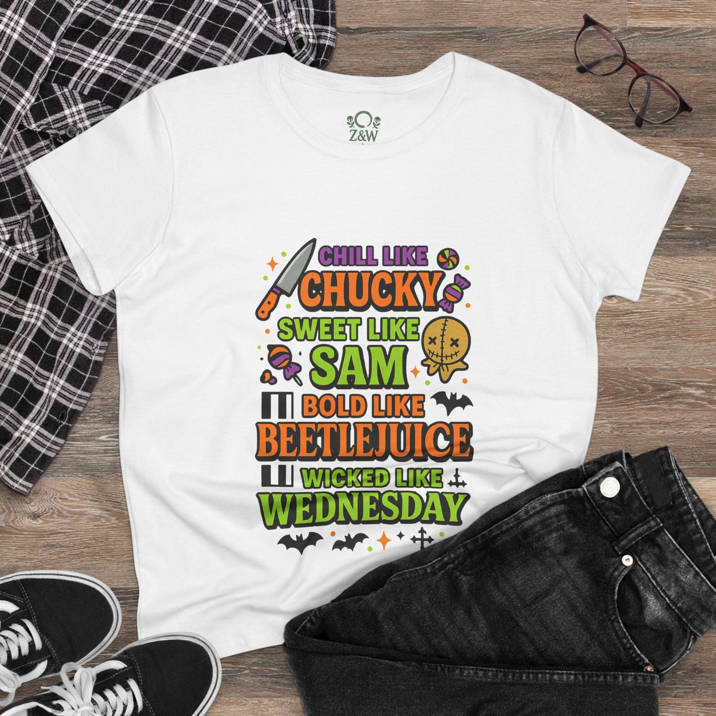 Spooktacular Horror Tee: Chill Like Chucky, Sweet Like Sam, Beetlejuice, Wednesday Addams, Halloween Shirt, Horror Fan Gift