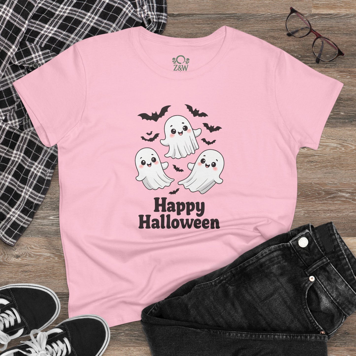 Cute Halloween Ghost T-Shirt for Kids & Adults featuring charming ghosts and bats, perfect for Halloween celebrations.