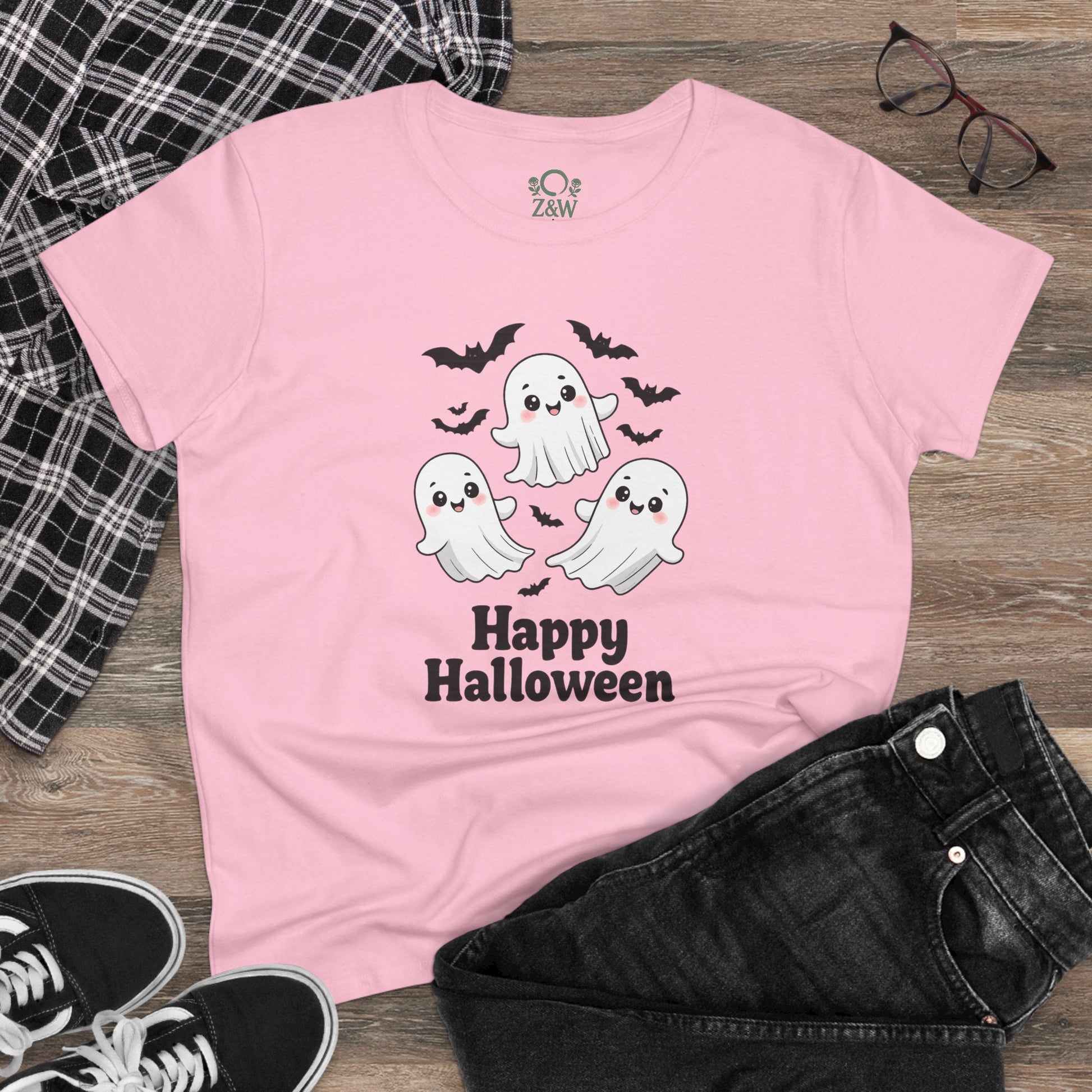 Cute Halloween Ghost T-Shirt for Kids & Adults featuring charming ghosts and bats, perfect for Halloween celebrations.