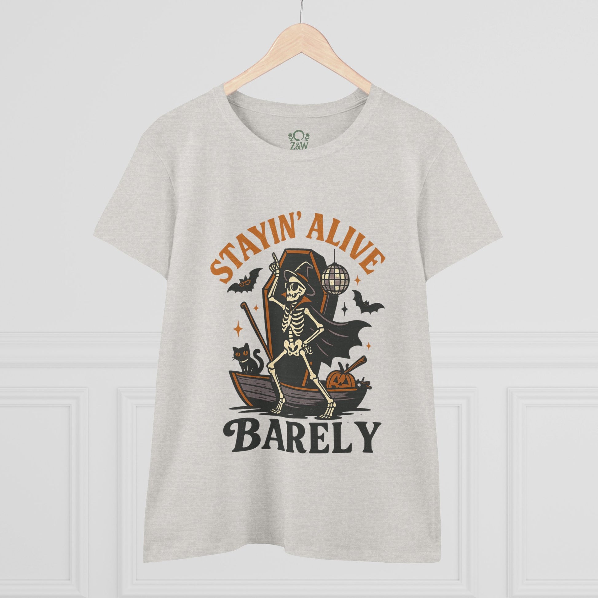 Front view of the heather grey Stayin’ Alive T-Shirt displaying a humorous skeleton graphic, perfect for Halloween celebrations.