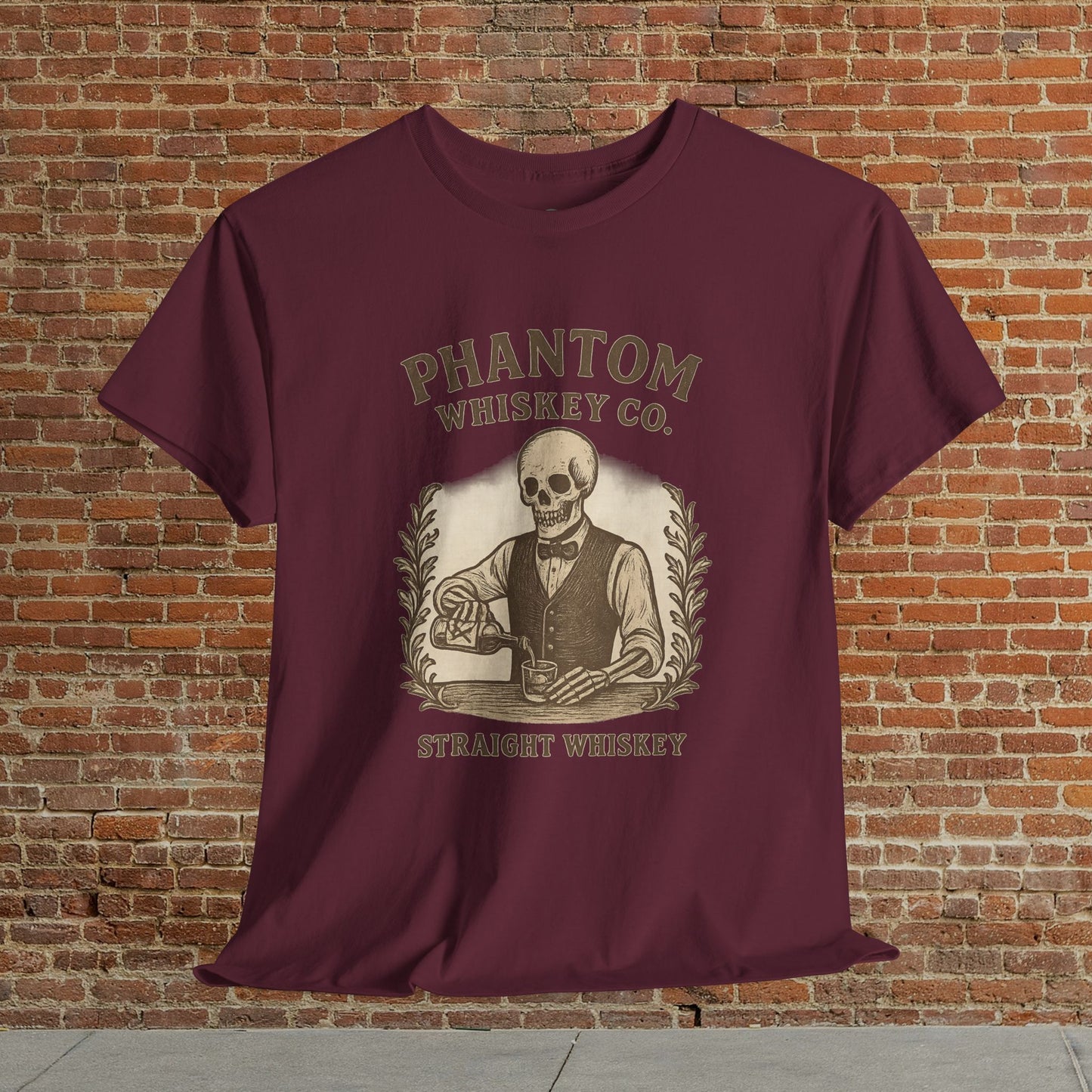 Vintage Skull Whiskey Lover Unisex Tee in maroon color featuring a skeleton design with 'Phantom Whiskey Co. - Straight Whiskey', perfect for casual wear or Halloween events.