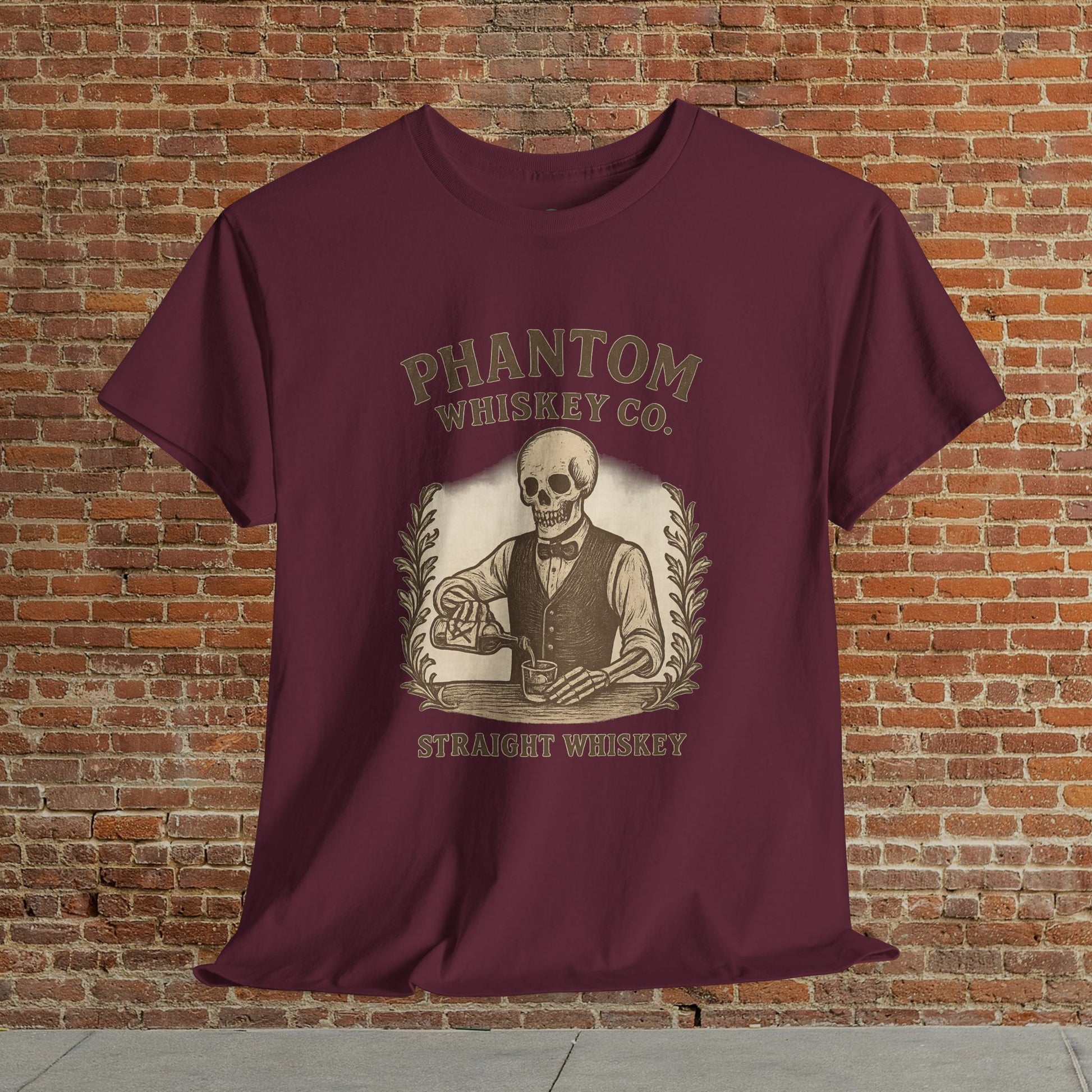 Vintage Skull Whiskey Lover Unisex Tee in maroon color featuring a skeleton design with 'Phantom Whiskey Co. - Straight Whiskey', perfect for casual wear or Halloween events.