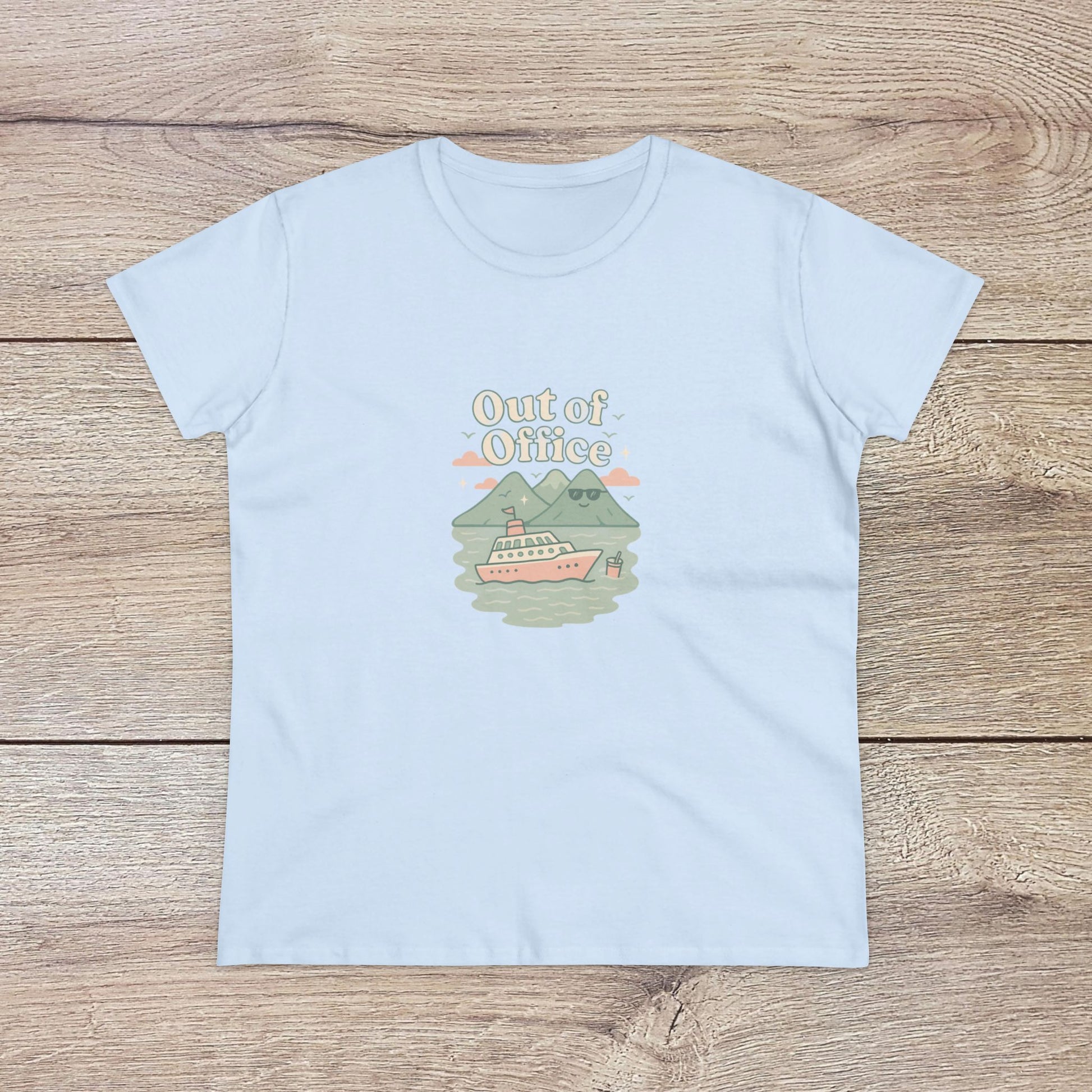 Out Of Office Cruise Tee featuring a boat and mountain design, perfect for summer wear with a lightweight cotton blend.