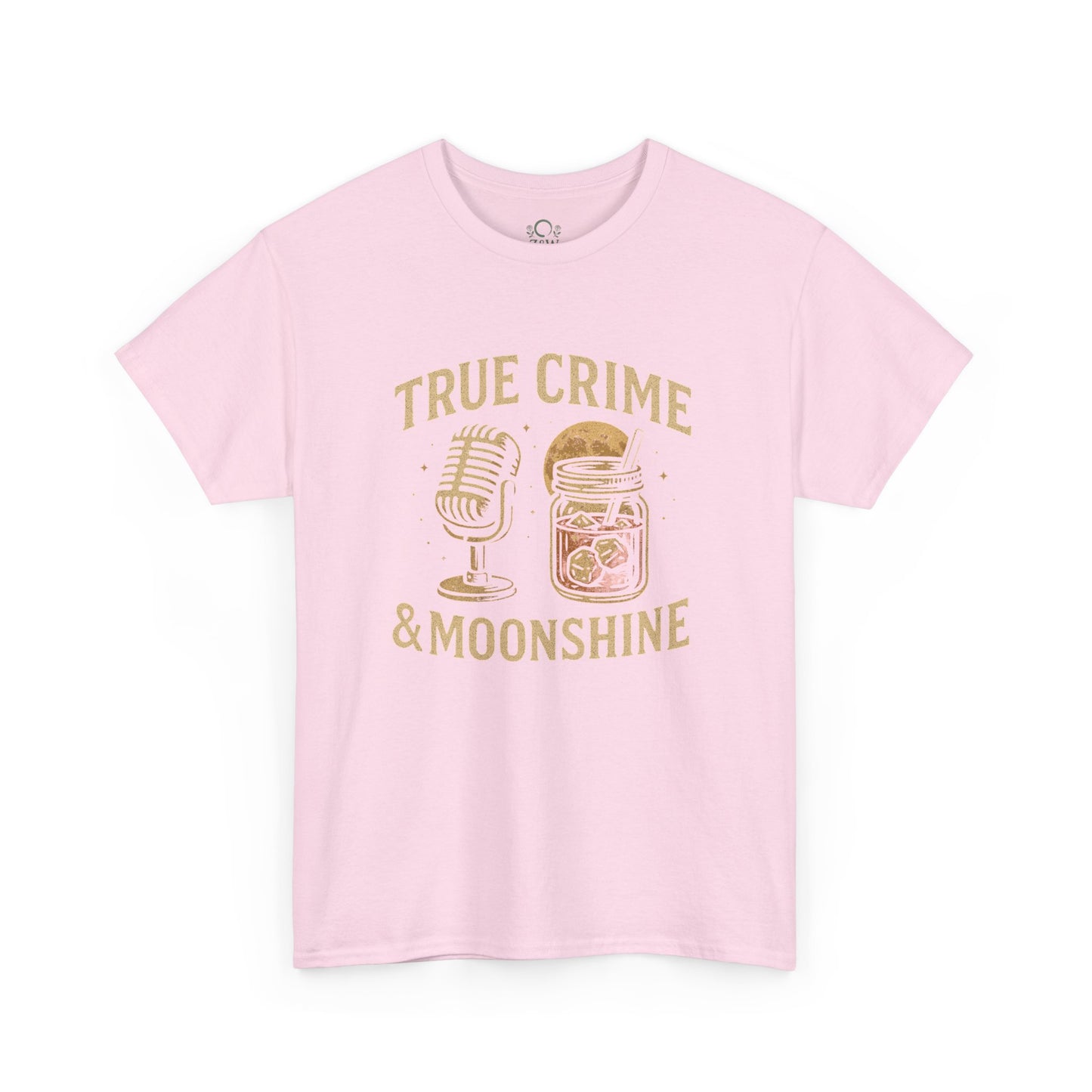True Crime & Moonshine Unisex Graphic Tee in soft pink featuring a vintage design with a microphone and a jar, perfect for casual wear for true crime lovers.