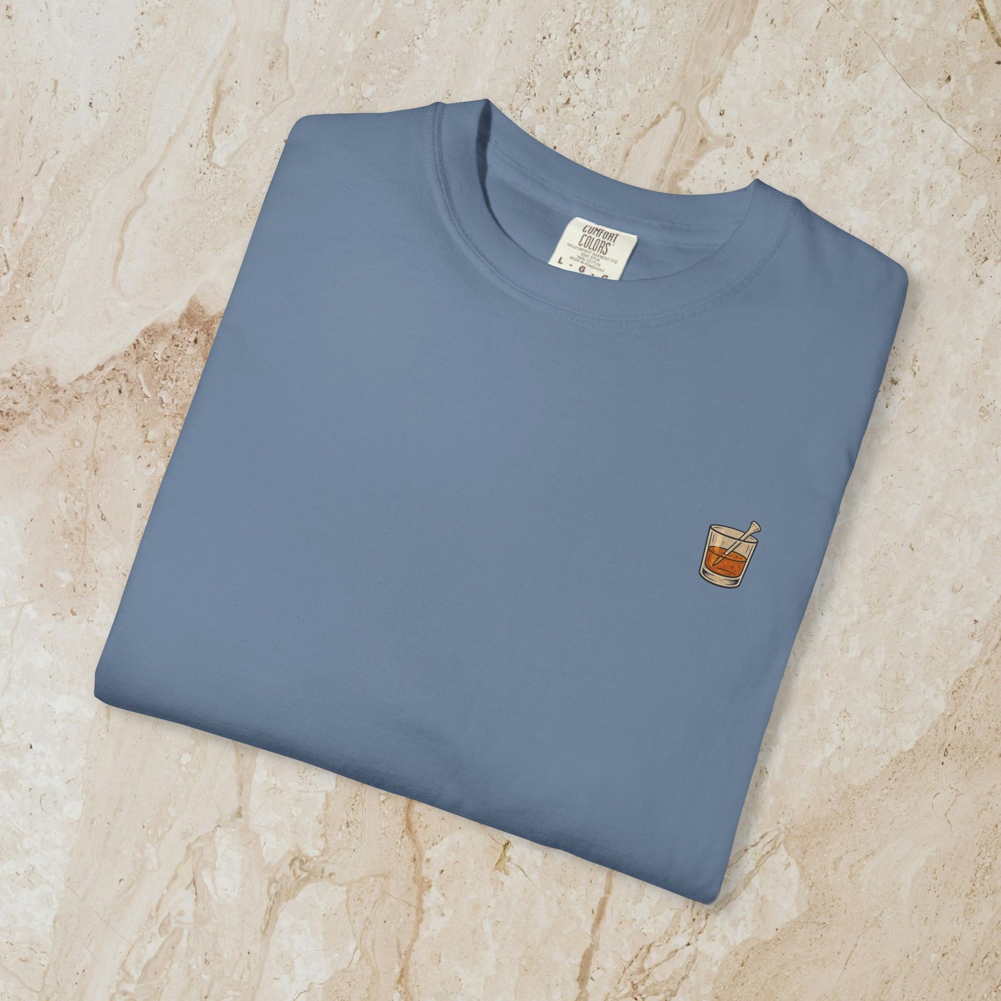 Golden Whiskey Dog Tee - Unique Vintage Style, 100% Cotton, Relaxed Fit with Left Chest Pocket in soft blue, showcasing an elegant chest pocket design.