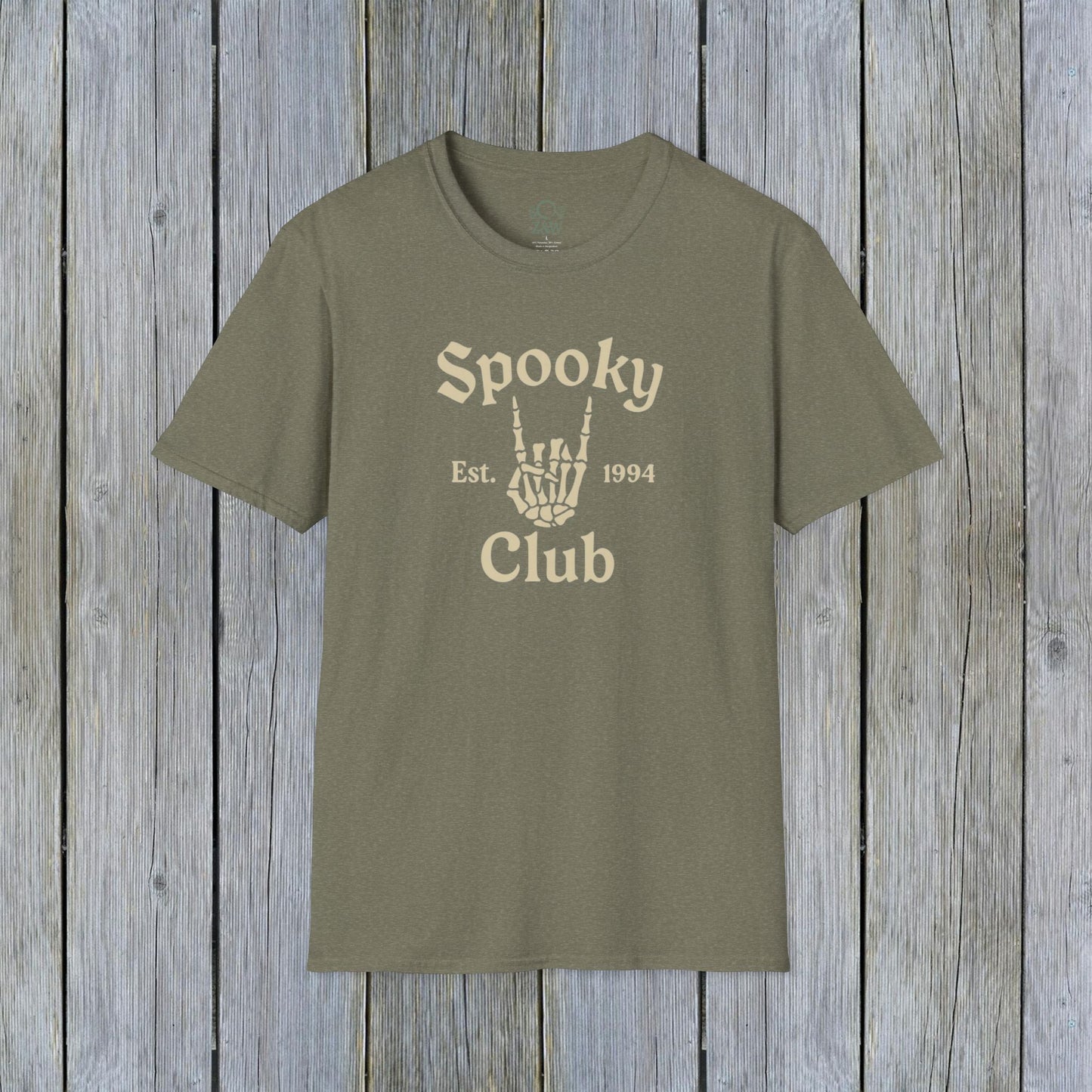 Unisex Spooky Club Tee in olive green, designed with a spooky skeleton hand print and text, made from durable and soft 100% cotton.