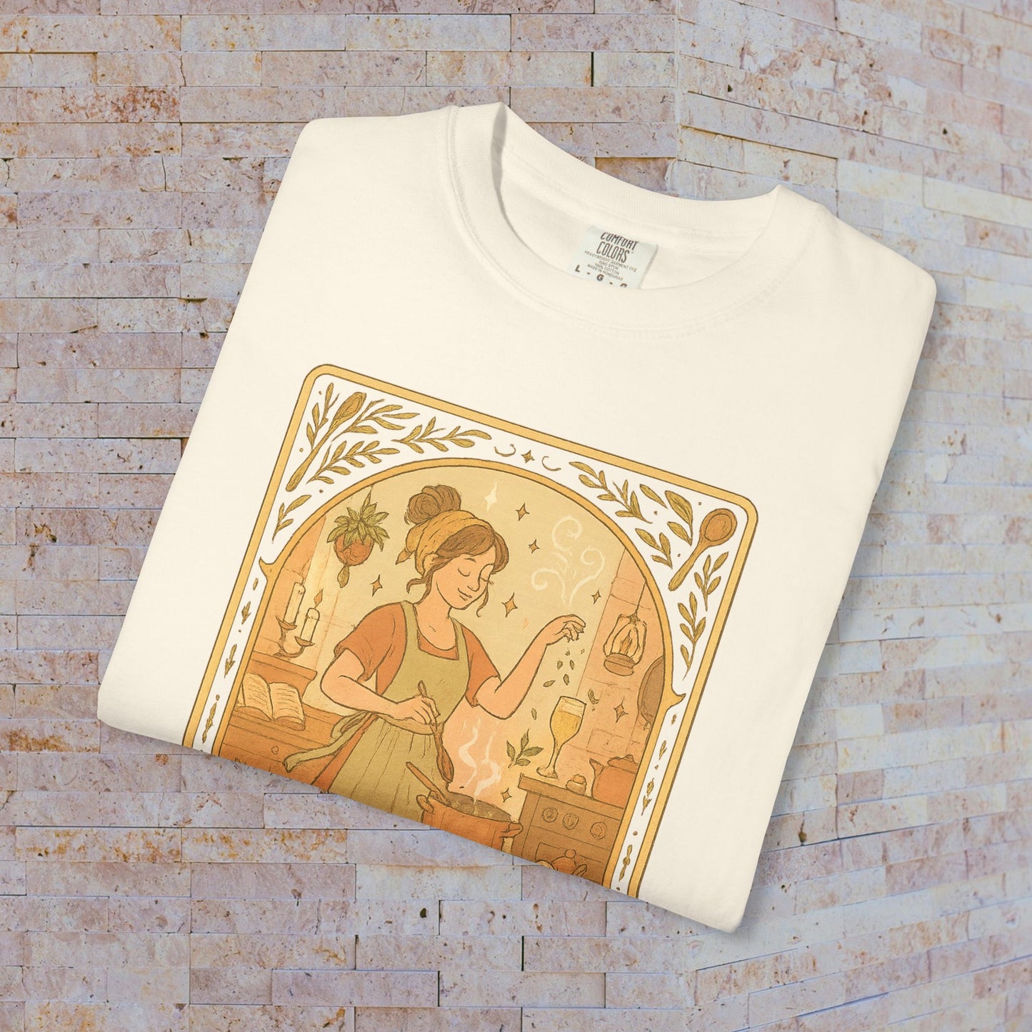 Culinary Queen Tarot Tee in white, featuring a unique design of a woman cooking with herbs, available in sizes S to 4XL, made from soft cotton.