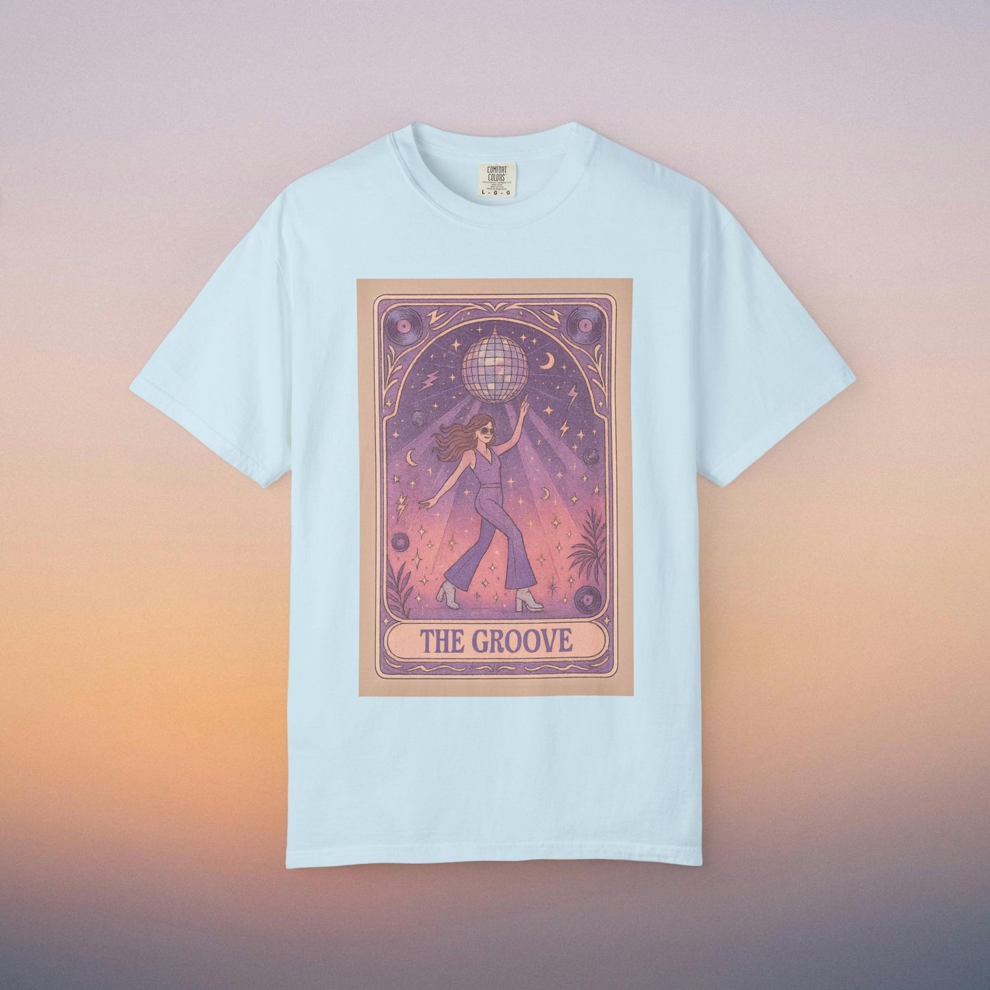 Groove Tarot Graphic Tee in sky blue featuring a vibrant graphic of a woman with a disco ball, perfect for casual outings - available in sizes S-4XL.