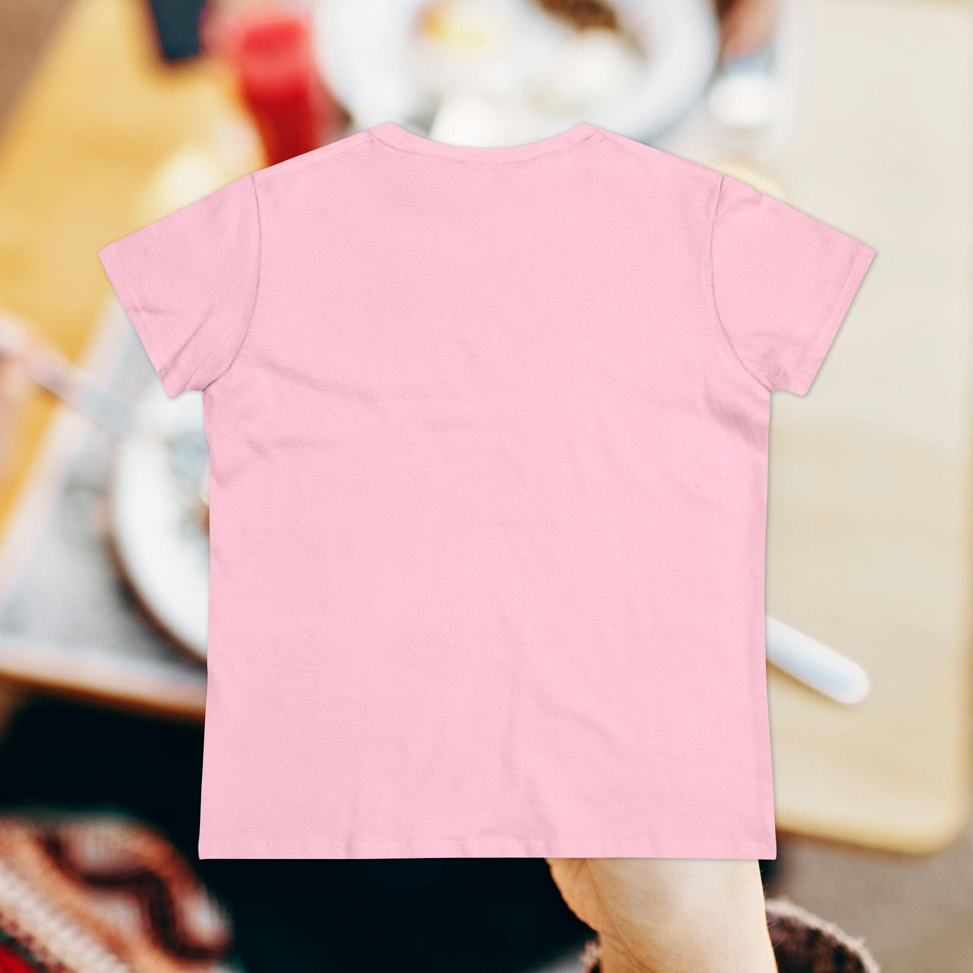 Back view of Women's Premium 100% Cotton Brunch Face Tee in pink color, showcasing its soft fabric and comfortable design.
