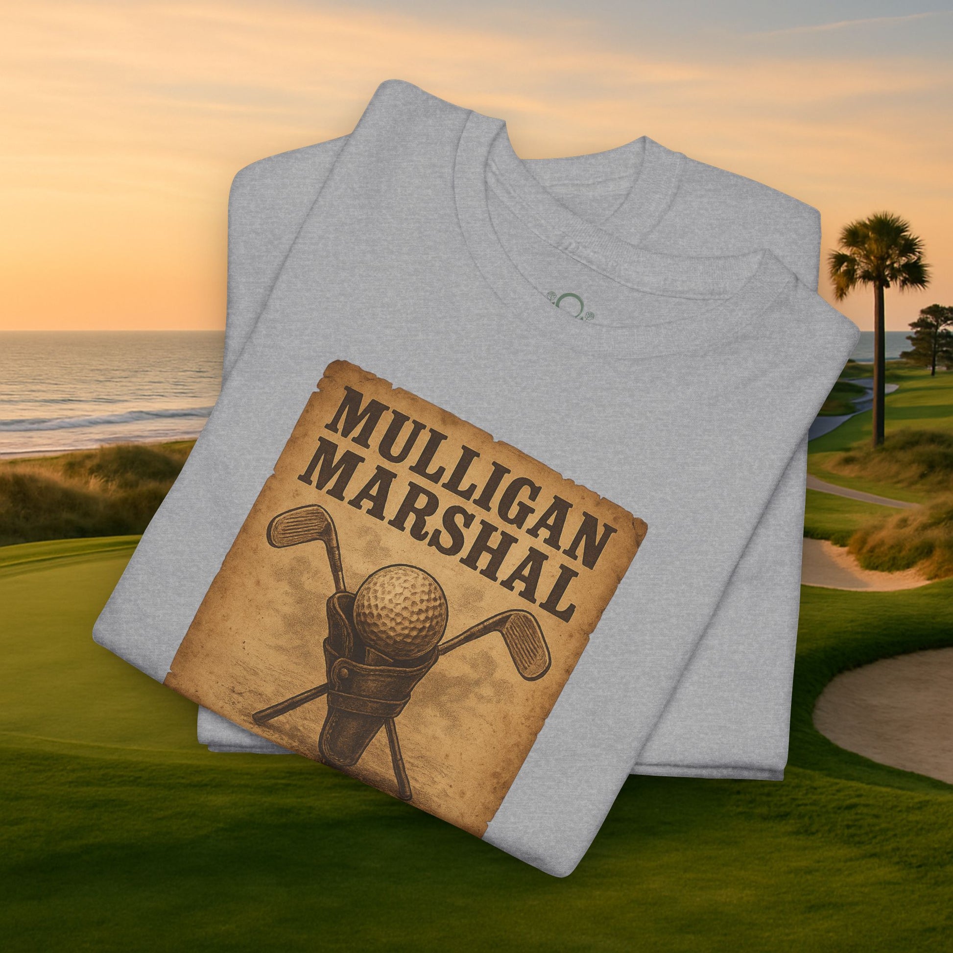 Funny Mulligan Marshal Wanted Golf Tee Shirt showcased with a scenic golf course view, perfect for summer outings for golf enthusiasts.