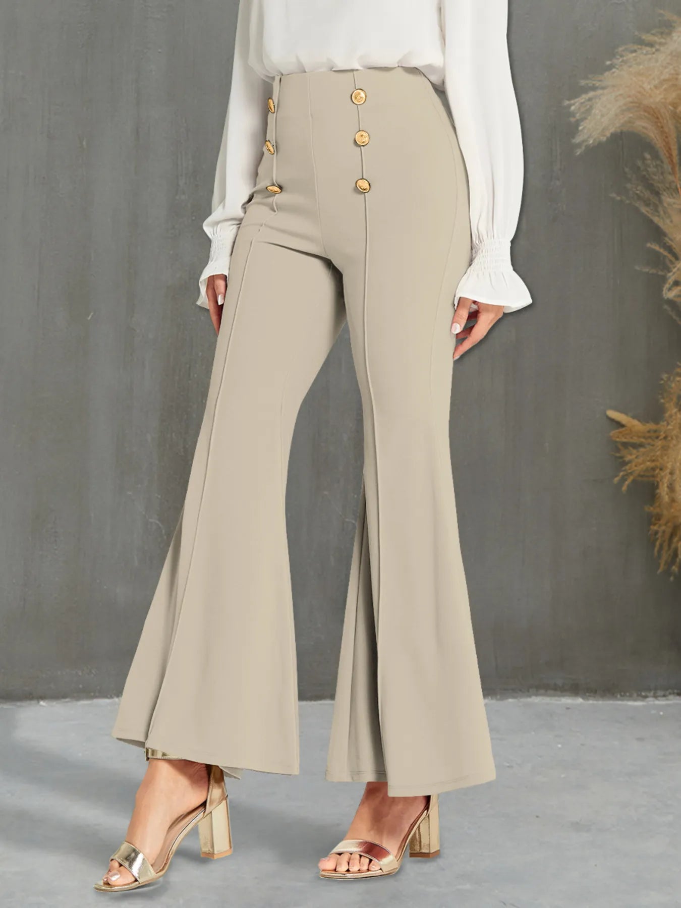 Stylish High Waisted Flare Pants with Decorative Buttons - Front view showcasing the beige color and button detailing, made from 95% Polyester & 5% Spandex.