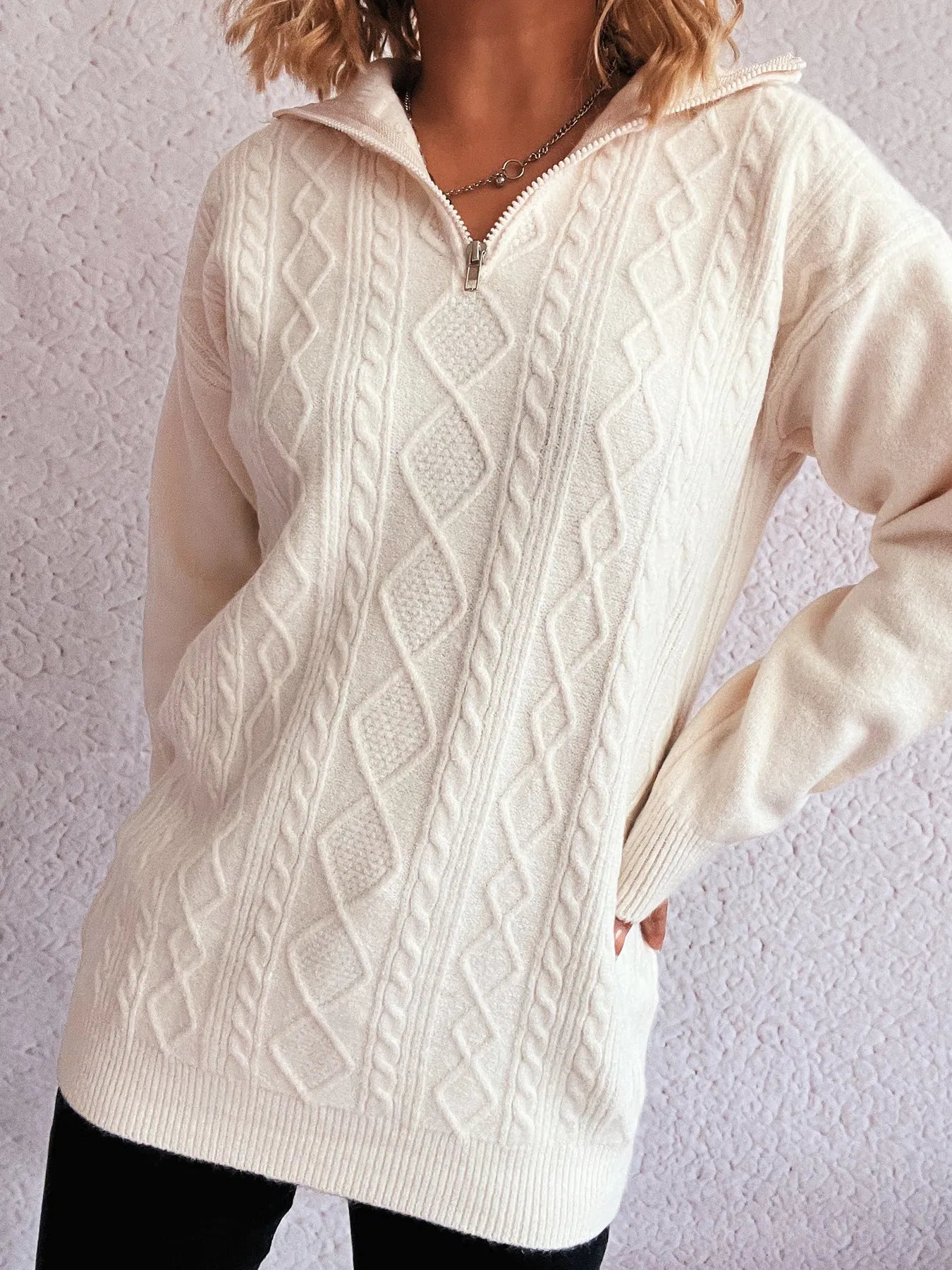 Sophisticated Cozy Cable-Knit Texture Zip Collar Long Sleeve Sweater in off-white, featuring a timeless cable knit design and a zip collar for ease and style.