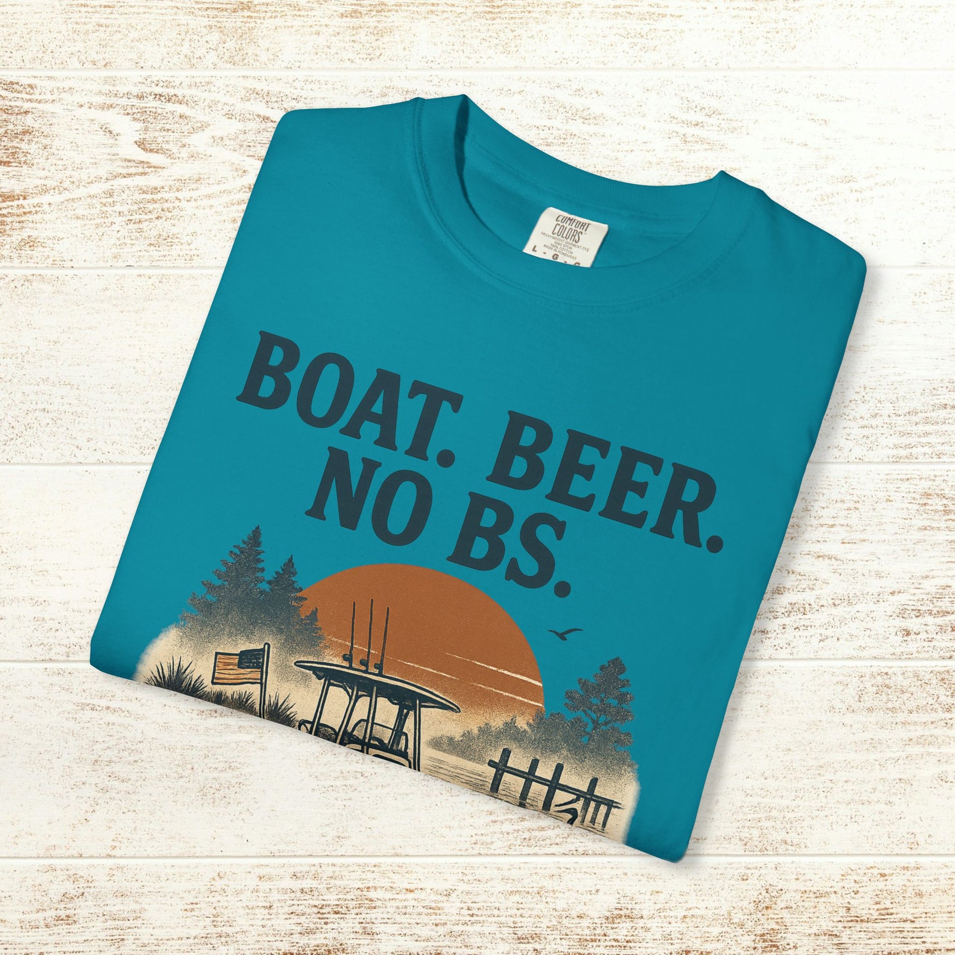 Boat Beer No BS Tee in vibrant turquoise color with a scenic sunset design, perfect for summer adventures.