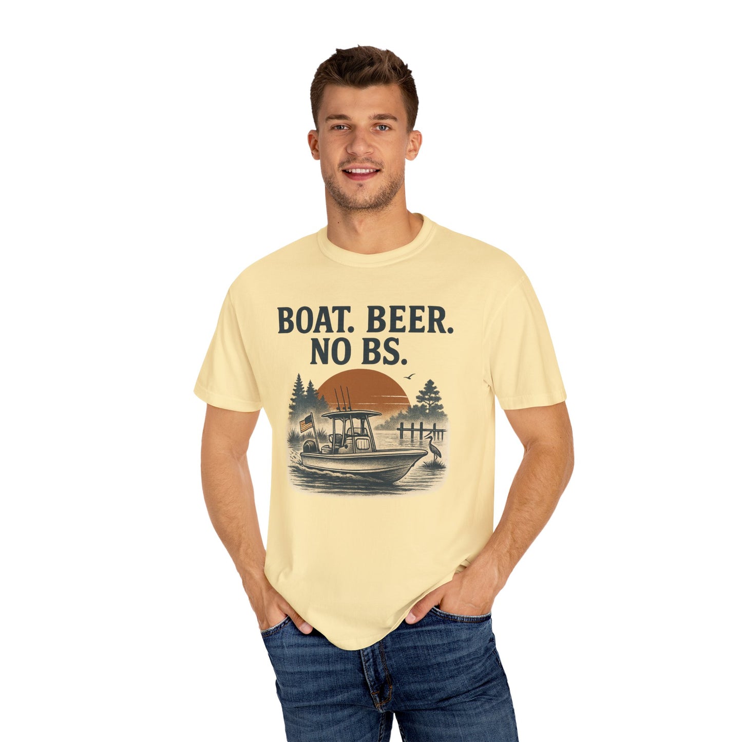 Boat Beer No BS Tee worn by a man, showcasing the light yellow shirt with a fishing boat design and vibrant colors.