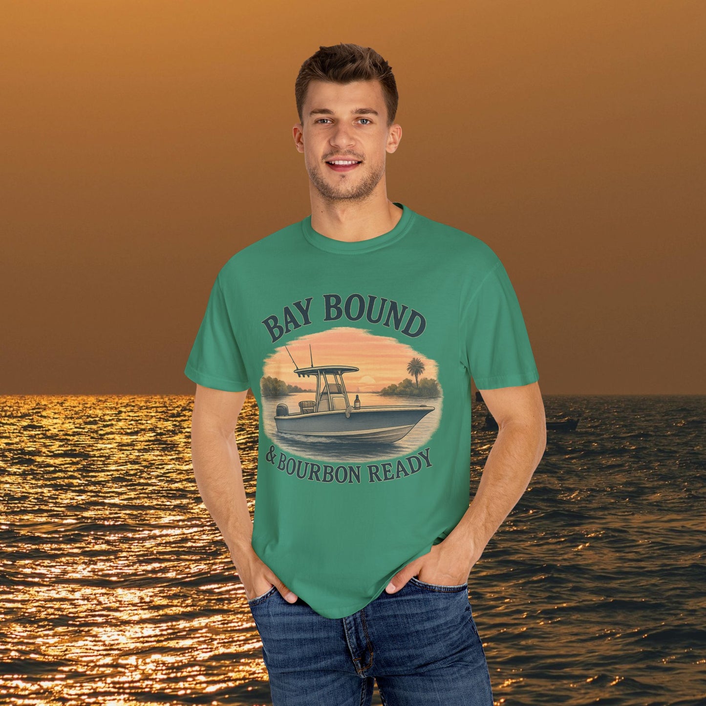 Model showcasing the Bay Bound T-Shirt, ideal for summer activities on the water - Soft Cotton Casual Tee for fishing and beach lovers, available in sizes S-4XL.