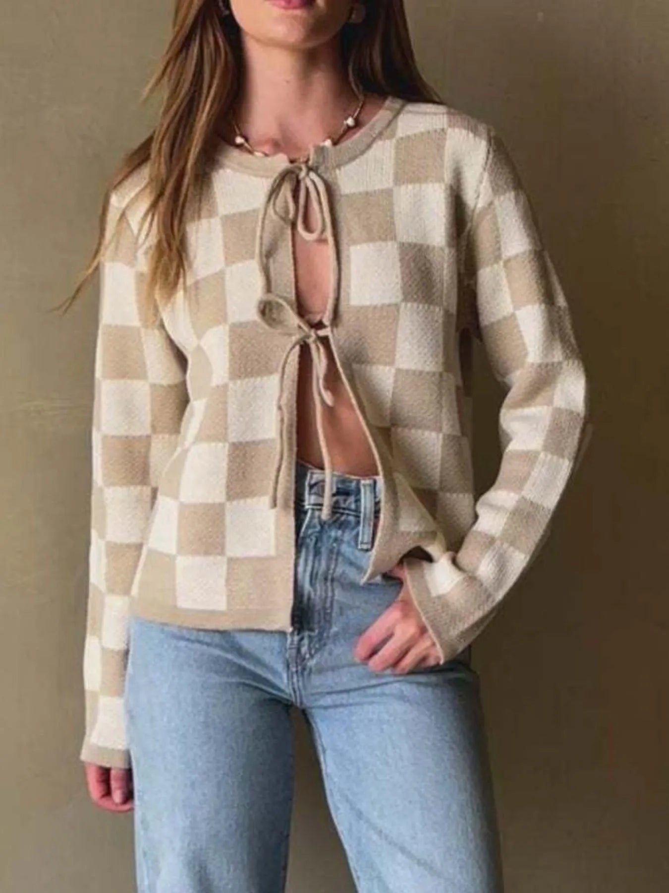 Checkered Tie-Front Cropped Cardigan for Women - Slightly Stretchy, 100% Polyester Fabric, featuring a trendy open front with ties in a beige checkered pattern.