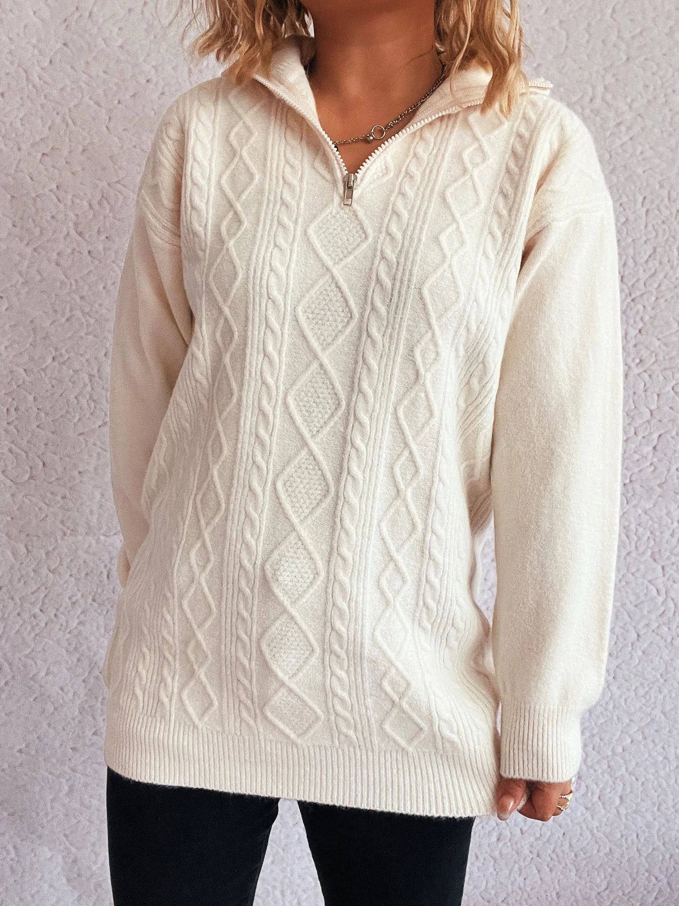 Cozy Cable-Knit Texture Zip Collar Long Sleeve Sweater in cream, front view, perfect for casual outings.