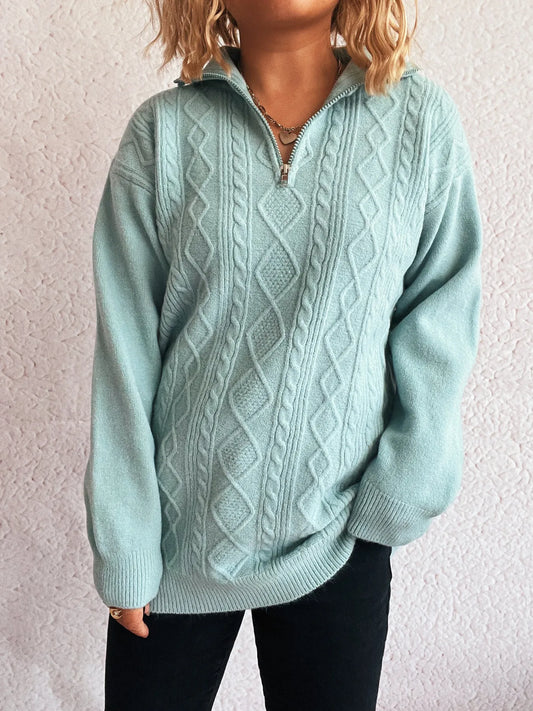 Cozy Cable-Knit Texture Zip Collar Long Sleeve Sweater in soft mint color, featuring a stylish zipper, perfect for casual and cozy outfits.