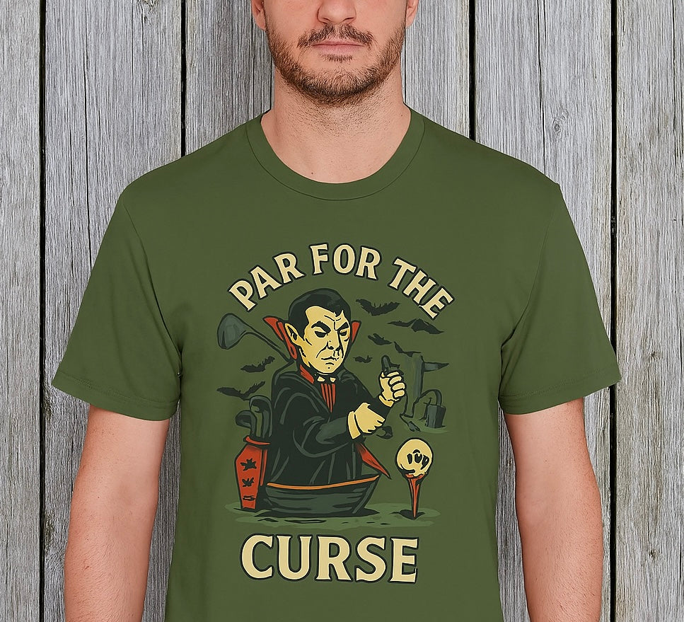 Funny Halloween Unisex T-Shirt featuring the design 'Par For The Curse,' showcasing a vampire character with a spooky golf theme against a rustic wooden background.