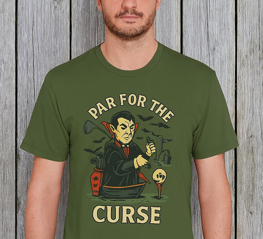 Funny Halloween Unisex T-Shirt featuring the design 'Par For The Curse,' showcasing a vampire character with a spooky golf theme against a rustic wooden background.
