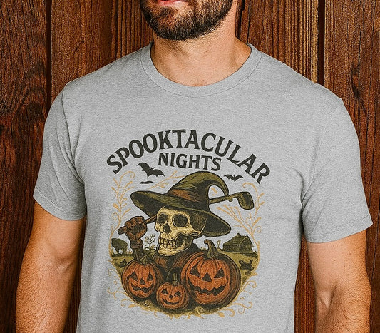 Model wearing the Spooktacular Nights Halloween T-Shirt, featuring a graphic design of a skull wearing a witch's hat with pumpkins, perfect for unisex costume parties this fall.