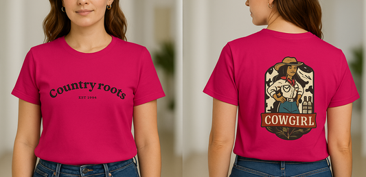 Country Roots Cowgirl Tee in vibrant pink, featuring a stylish cowgirl graphic on the back and the 'Country roots' logo on the front, perfect for casual everyday wear.