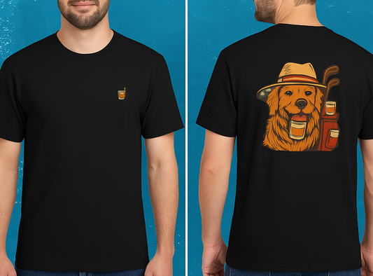 Golden Whiskey Dog Tee featuring a playful dog graphic with golf clubs on a relaxed black unisex t-shirt, made of 100% cotton with a vintage style.