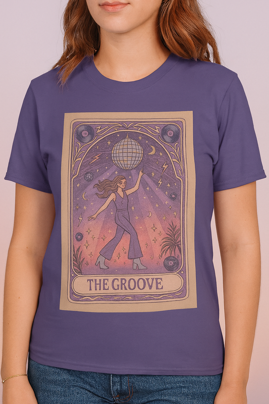 Groove Tarot Graphic Tee showcasing a woman dancing with a disco ball, perfect for fashion-forward individuals who appreciate unique designs - available in sizes S-4XL.