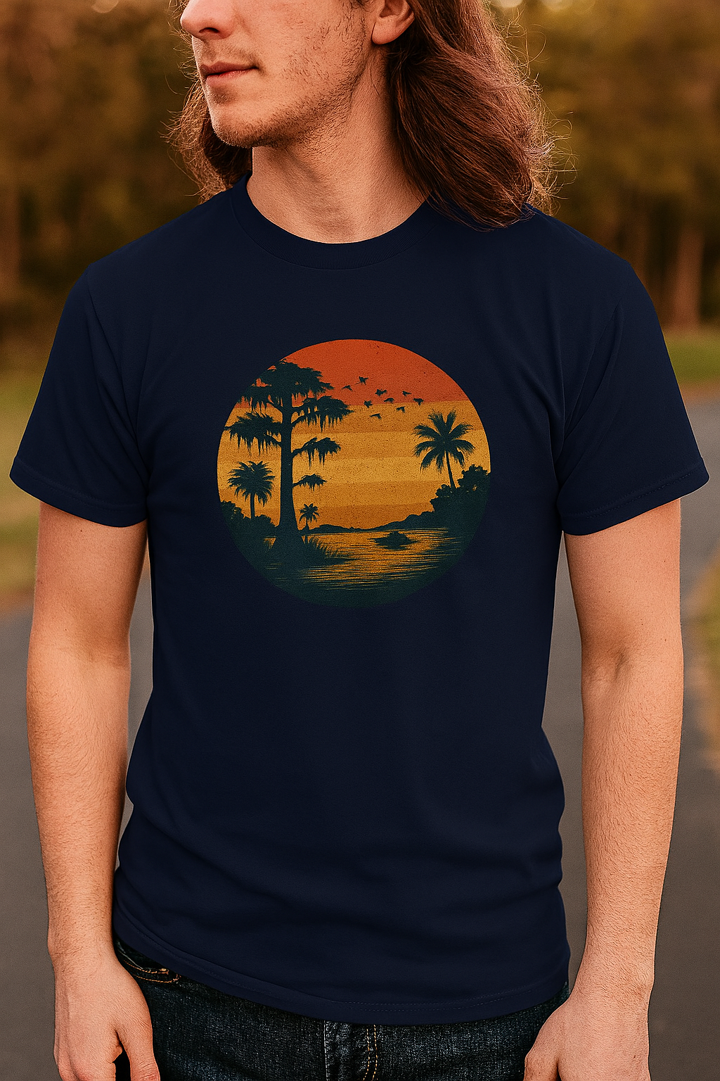 Unisex Garment-Dyed Sunset Tee featuring a vibrant sunset graphic with palm trees, perfect for casual style. Made of soft 100% cotton, available in sizes S to 4XL.