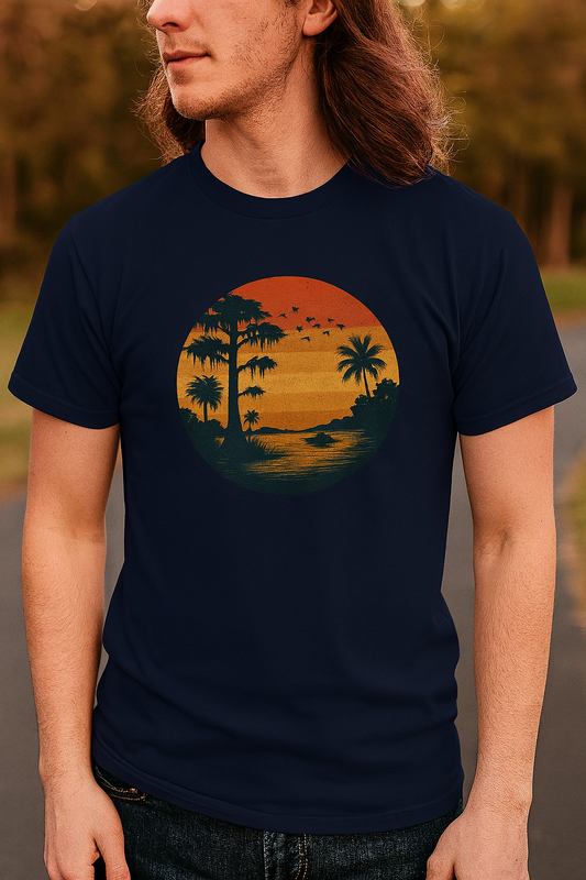 Unisex Garment-Dyed Sunset Tee featuring a vibrant sunset graphic with palm trees, perfect for casual style. Made of soft 100% cotton, available in sizes S to 4XL.