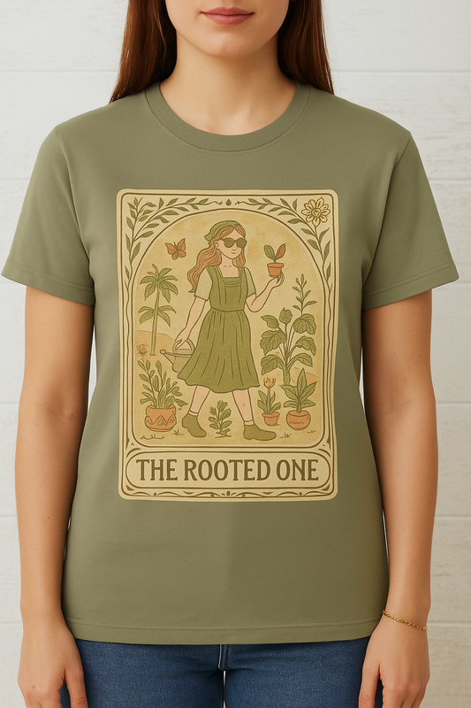 Woman wearing the Rooted One Tarot Tee in olive green, featuring a vintage-inspired illustration of a woman tending to plants, made from ethically sourced cotton.