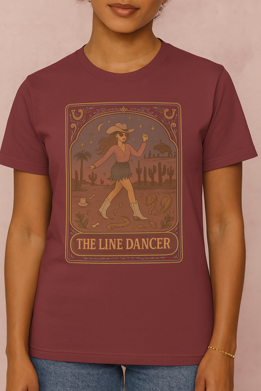 Line Dancer Tarot Tee featuring a unique cowboy design in a rich maroon color, perfect for casual outings. Available in various sizes from S to 4XL.