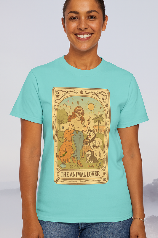 Model wearing the Animal Lover Tarot Tee, a soft 100% cotton shirt featuring an illustration celebrating animal companionship. Available in sizes S to 4XL, this eco-friendly and durable tee showcases a vibrant design perfect for animal lovers.